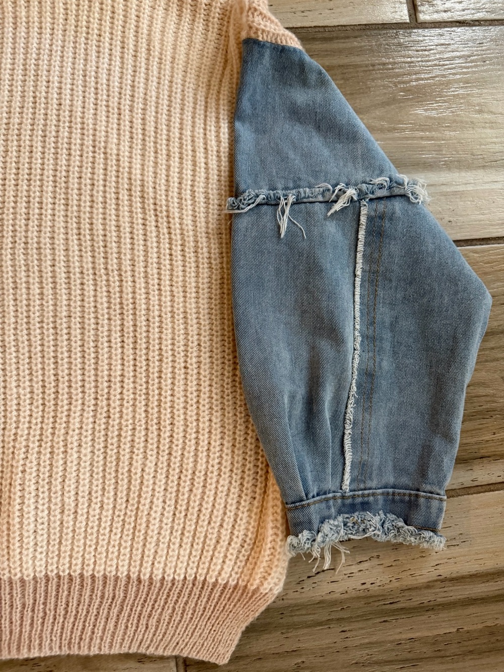 Debut Peach Knit Crewneck Sweater with Light Blue Denim Puff Sleeves - Picture 4 of 4